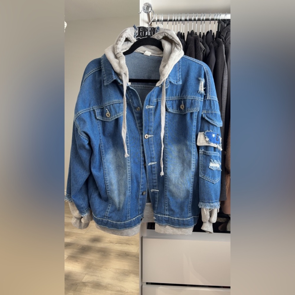 Kids Blue Denim Distressed Jacket with Gray Hoodie